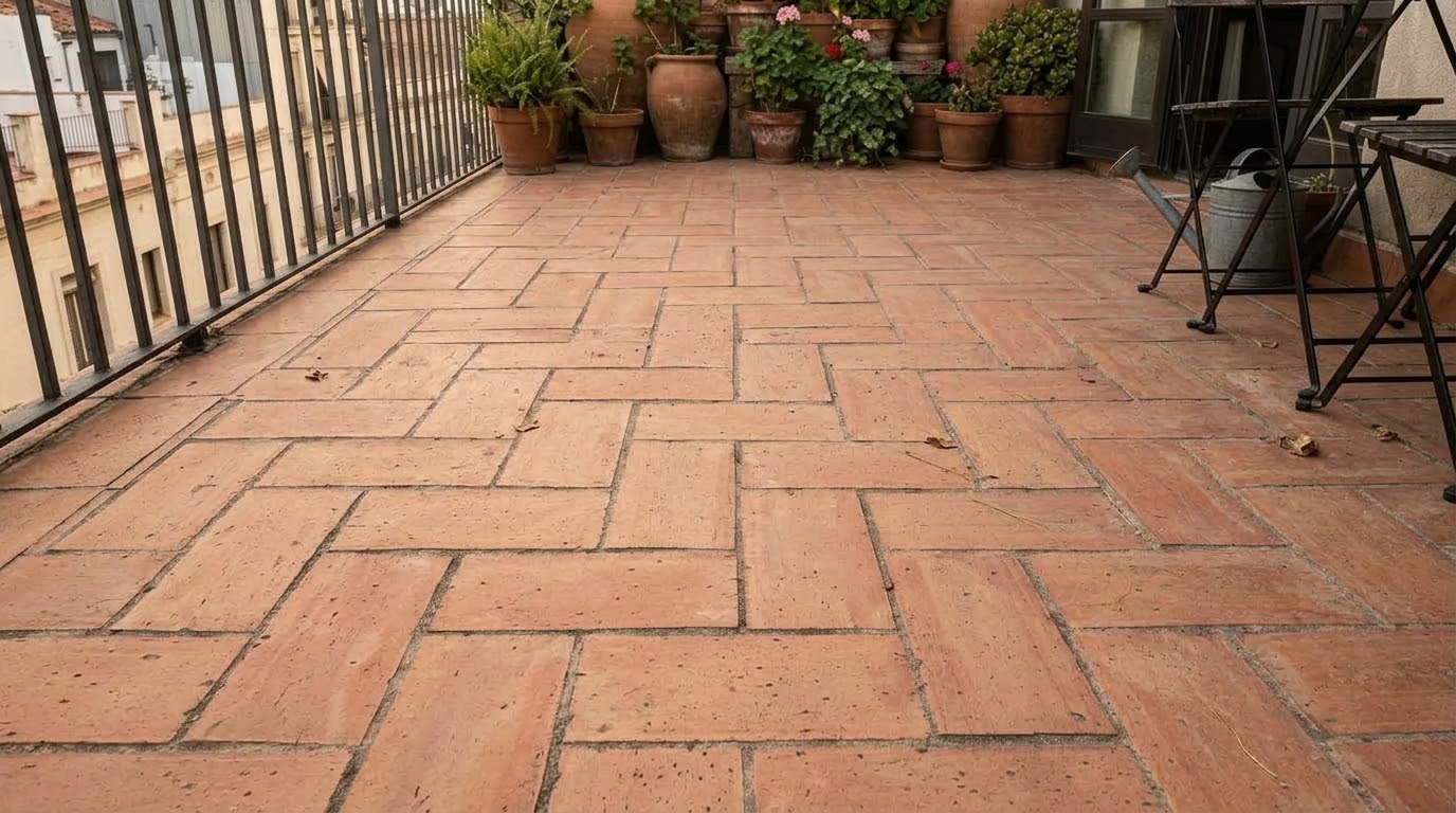 Detalle del pavimento de barro en una terraza con plantas
