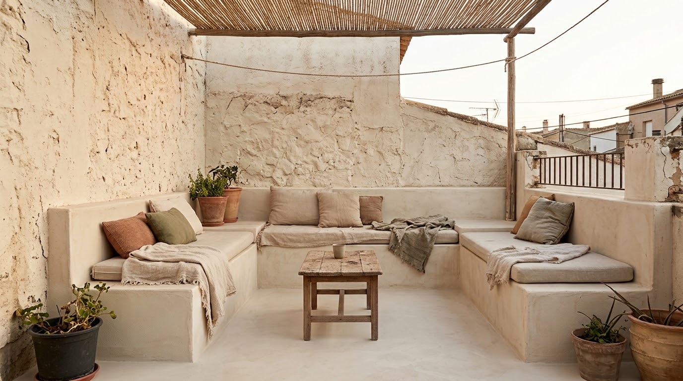 Terraza con bancos de obra, cojines y pérgola de cañizo