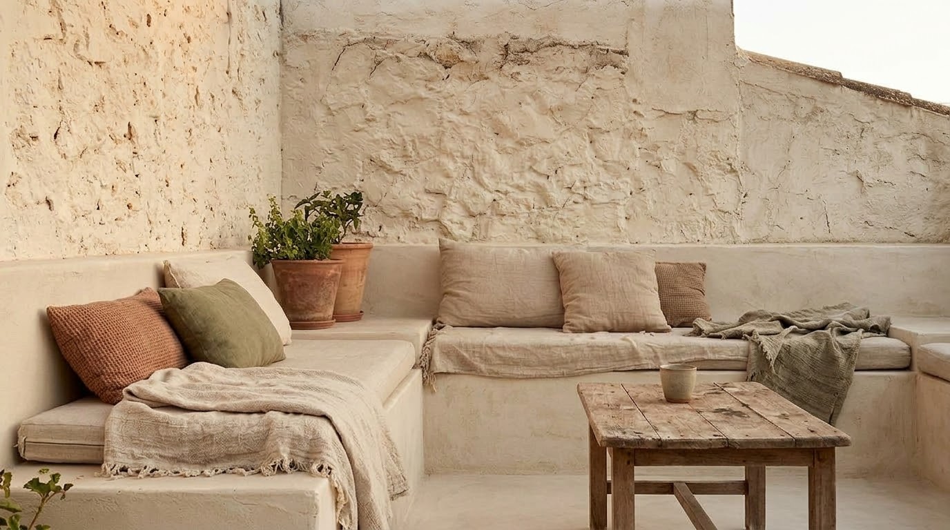 Banco de obra con cojines junto a una pared de piedra