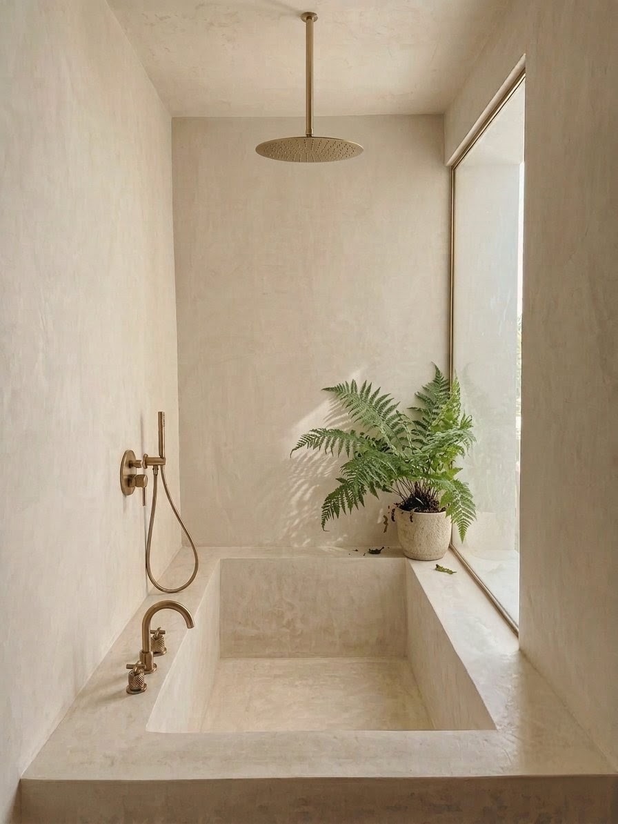 Luz sobre la materia: baño con mineral y latón